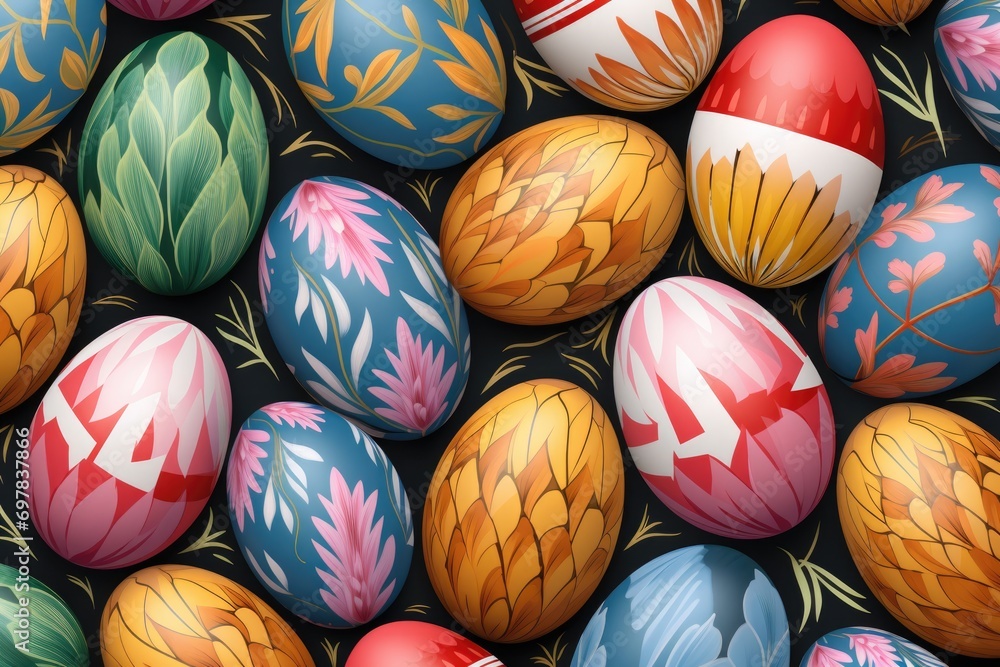Bright Easter eggs with patterns on dark background - obrazy, fototapety, plakaty 