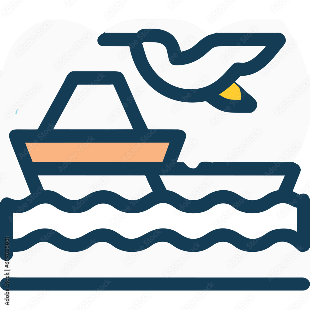 a ship and seagulls in the sea, icon broken line