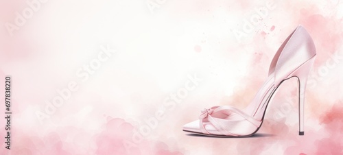 Watercolor fashion women high heeled shoe against background of splashes and stains. In light pink color. Banner with copy space. Ideal for fashion blogs or retail advertisements