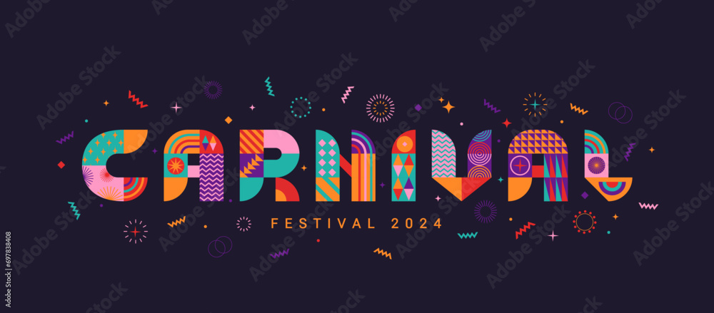 Carnival 2024 horizontal banner, invitation for festival.Party card to carnaval,mardi gras,masquerade,parade.Letters from geometric shapes,fireworks,stars.Template for design flyer, web,poster. Vector
