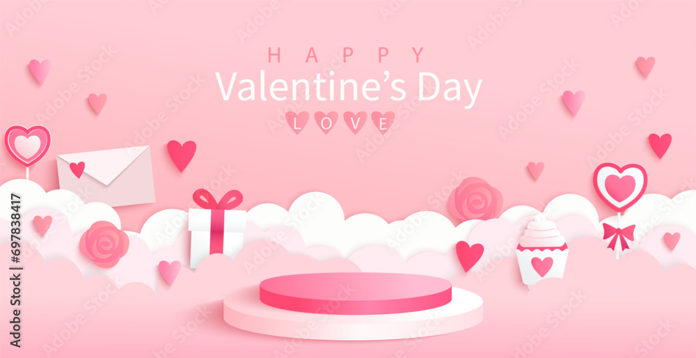 Happy Valentine's day promo banner. Round podium for ad, holiday scene for product display presentation.Backdrop for cosmetic product display.Template for retail,shops,web,social media.Vector