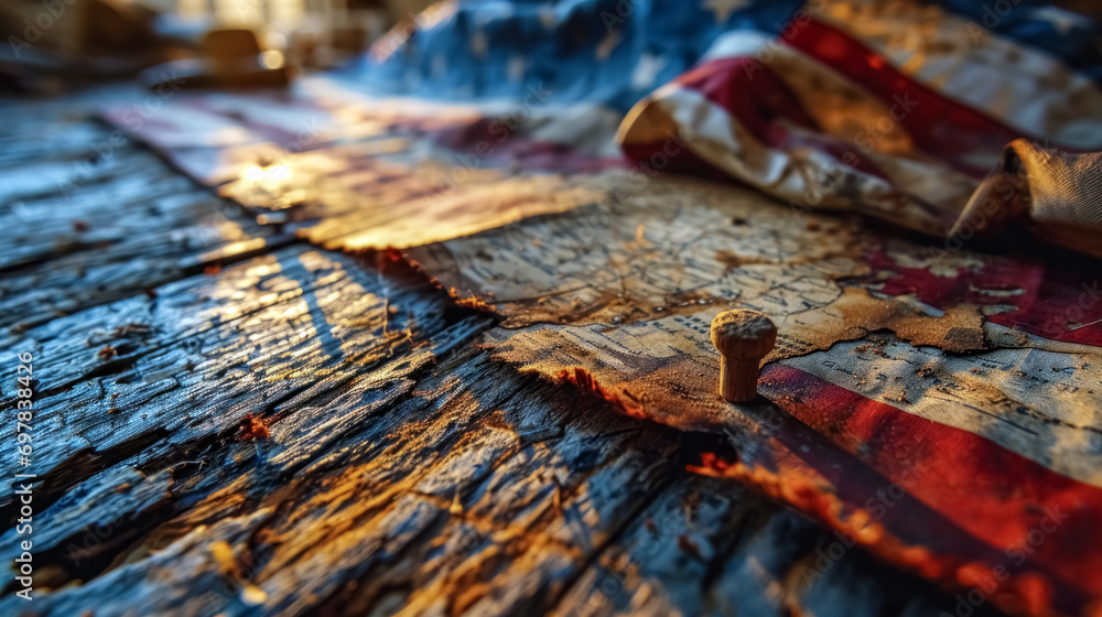Closeup detail of a ruined and dirty American flag on a wooden surface. Selective focus. Closeup detail of a ruined and dirty American flag on a wooden surface. Selective focus.