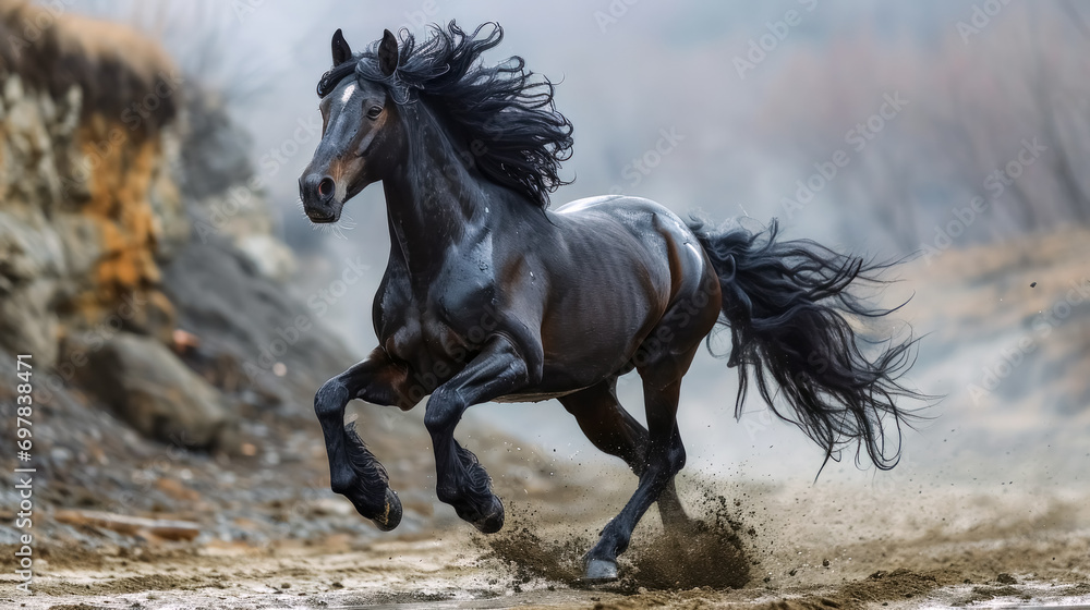 Beautiful black stallion with long mane galloping in smoke Beautiful black stallion with long mane galloping in smoke
