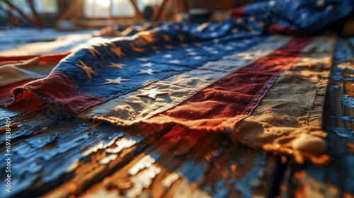 Closeup detail of a ruined and dirty American flag on a wooden surface. Selective focus. photo