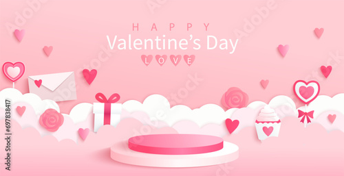 Happy Valentine's day promo banner. Round podium for ad, holiday scene for product display presentation.Backdrop for cosmetic product display.Template for retail,shops,web,social media.Vector photo