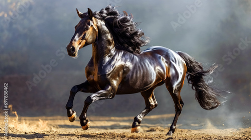 Beautiful black stallion with long mane galloping in smoke. © korkut82