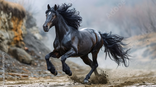 Beautiful black stallion with long mane galloping in smoke