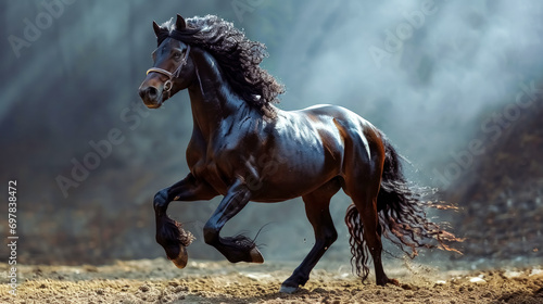 Beautiful black stallion running in the autumn foggy field. © korkut82