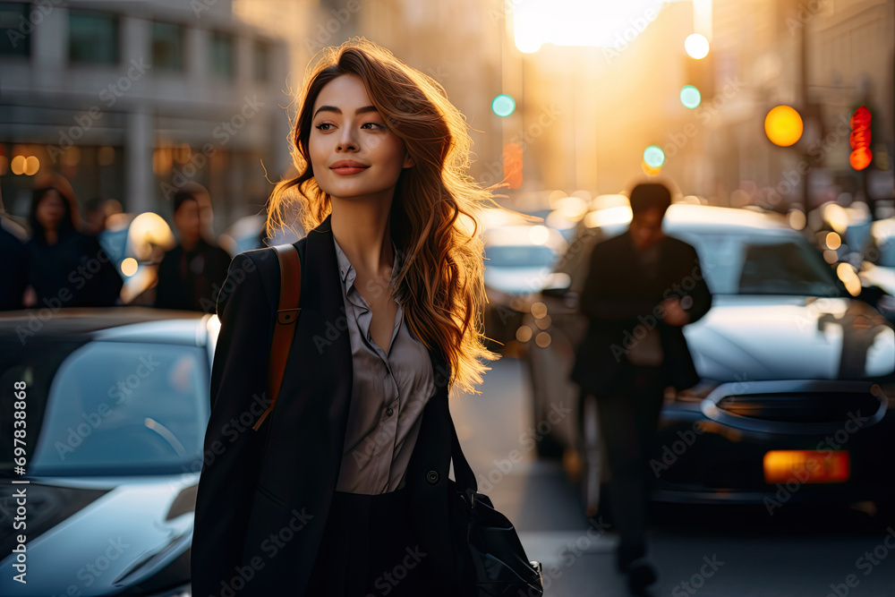 Young woman in the city, exuding beauty and style in her fashionable attire, walking in autumn. Young woman in the city, exuding beauty and style in her fashionable attire, walking in autumn.
