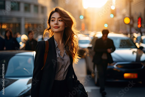 Young woman in the city, exuding beauty and style in her fashionable attire, walking in autumn. © Andrii Zastrozhnov