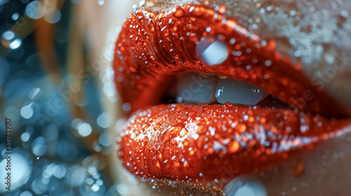 Close up of beautiful woman s lips with bright  red glitter makeup and sparkles. 