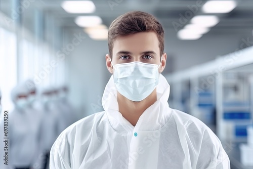 Confident doctor in medical mask, surgical uniform, providing expert care during a pandemic outbreak.