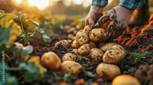 Harvesting potatoes in the field at the countryside. Selective focus. nature. Close up of farmer hands holding freshly dug organic potatoes. photo