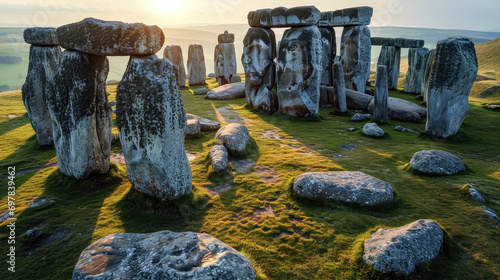 Stonehenge at sunrise, England, UK. 3d render. Stonehenge at Salisbury, Wiltshire.