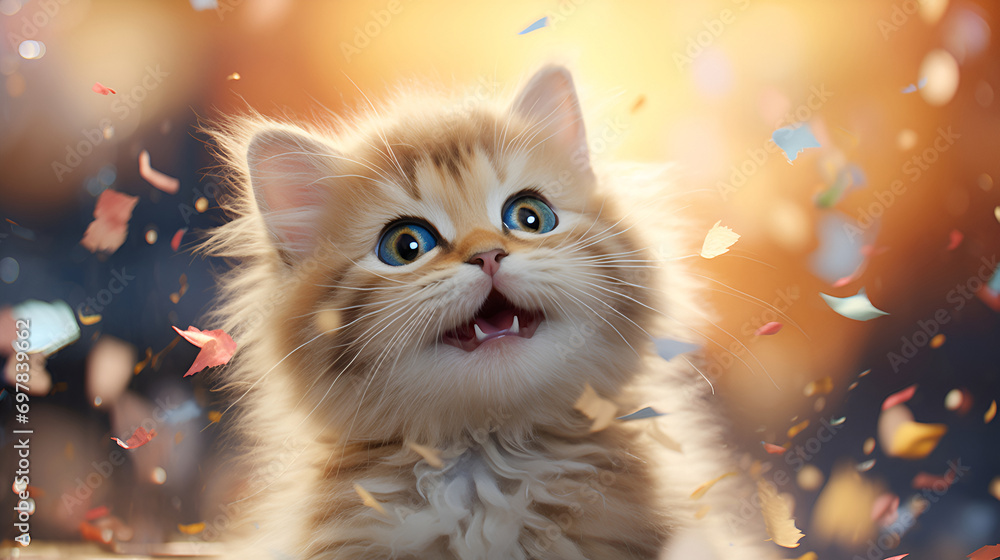 Joyful kitten with colorful confetti celebration. Concept: party, celebration, birthday, New year Joyful kitten with colorful confetti celebration. Concept: party, celebration, birthday, New year