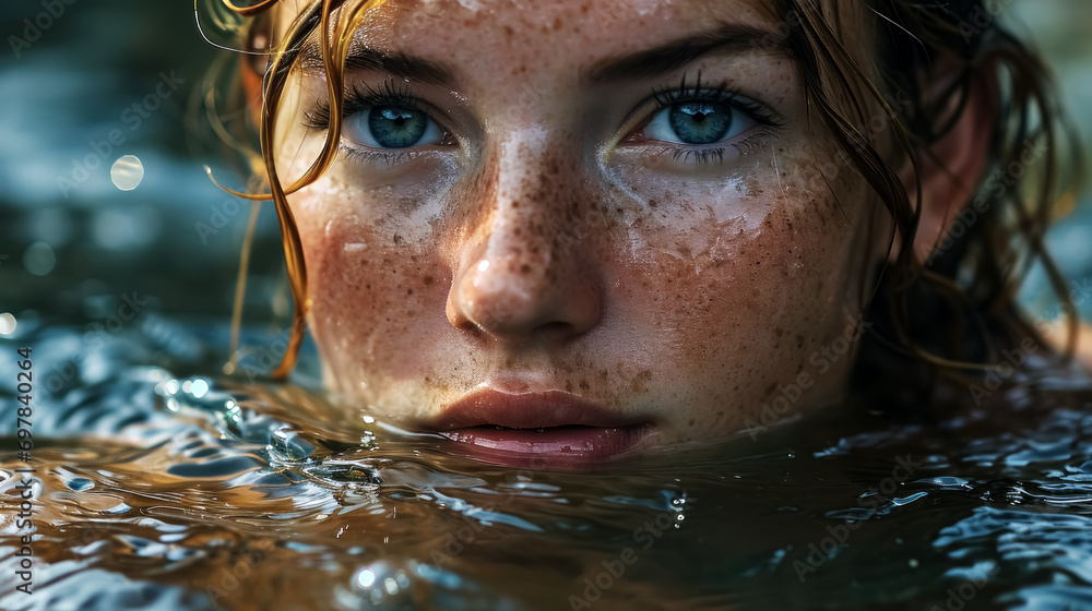 Closeup portrait of a beautiful girl with blue eyes and freckles in the water, swimming pool.
Closeup portrait of a beautiful girl with blue eyes and freckles in the water, swimming pool.