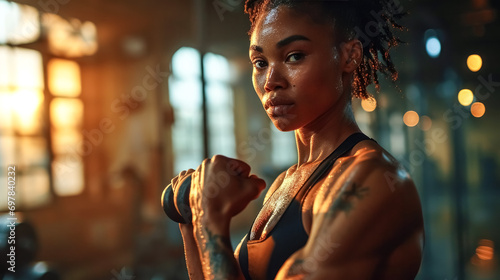 Close-up portrait of beautiful young woman with wet hair and sweat, lifting dumbbells in the gym
 photo