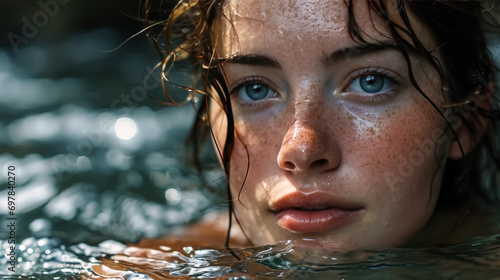 Closeup portrait of a beautiful girl with blue eyes and freckles in the water, swimming pool.

 photo