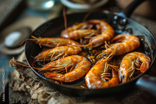 Primer plano de gambas en una sarten o cacuela rodeadas de aliños del tipo gambas al ajillo photo