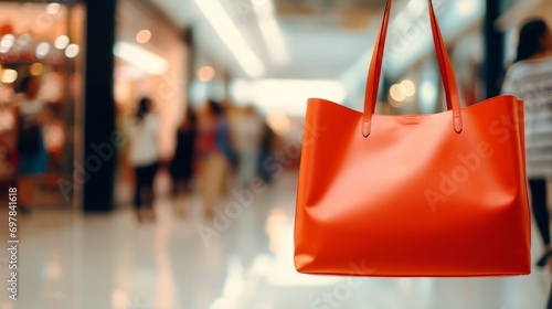 Red leather handbag in shopping mall, shallow depth of focus. © GoldenART
