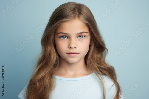 Portrait of a cute little girl with long hair on a blue background.