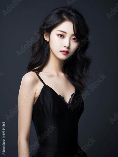 Portrait of young Japanese female beauty model with pure white skin, wearing black velvet dress with slit, sexy pose, glowing skin, studio photo, isolated black background, AI Generative