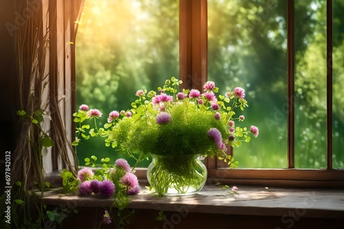  bouquet of wild clover field flowers on a summer window in sunlight outside the city on a background of green foliage of tree photo