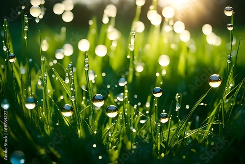 Beautiful round drops of morning dew on grass sparkle in morning light. Dew drops macro in nature outdoors