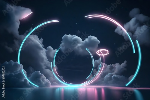 3d render, abstract cloud illuminated with neon light ring on dark night sky. Glowing geometric shape, round photo