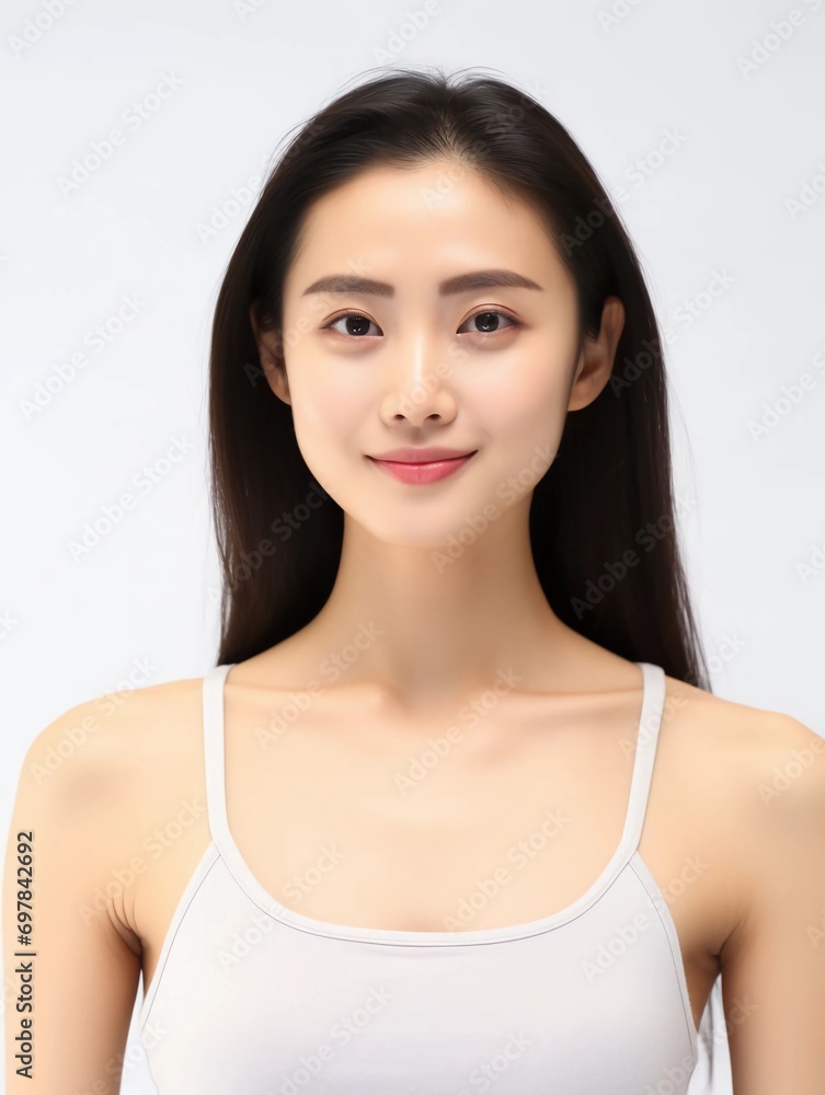 Portrait of young Asian female beauty model wearing tank top with clean white skin, studio photo, isolated white background, AI Generative Portrait of young Asian female beauty model wearing tank top with clean white skin, studio photo, isolated white background, AI Generative