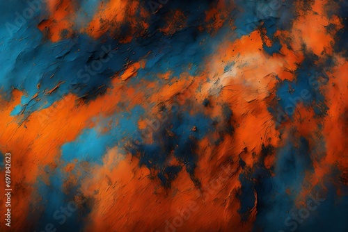 Artistic rendering of plaster background surface with abstract paint job in blue and orange colors