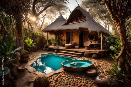 as a real african boho theme cottage with a small tiny swimming pool in front  car parked on the right side 