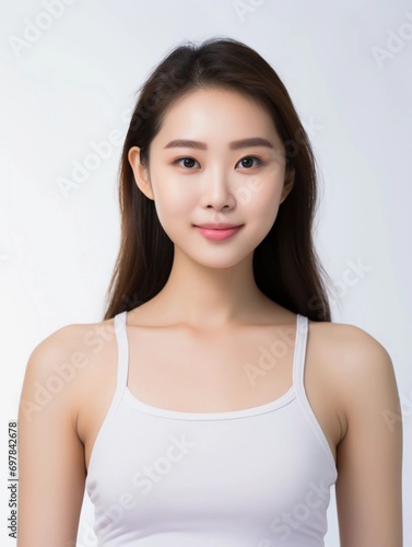 Portrait of young Asian female beauty model wearing tank top with clean white skin  studio photo  isolated white background  AI Generative