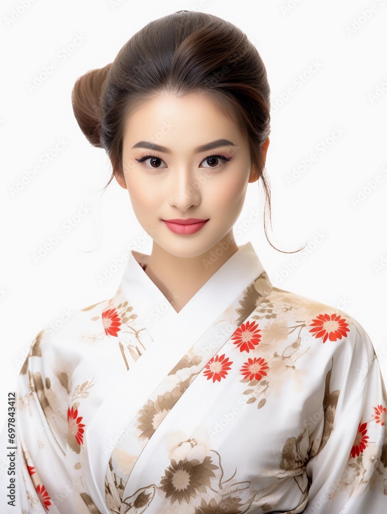 Portrait of a young Japanese female model wearing a kimono posing gracefully, isolated white background, AI generative Portrait of a young Japanese female model wearing a kimono posing gracefully, isolated white background, AI generative