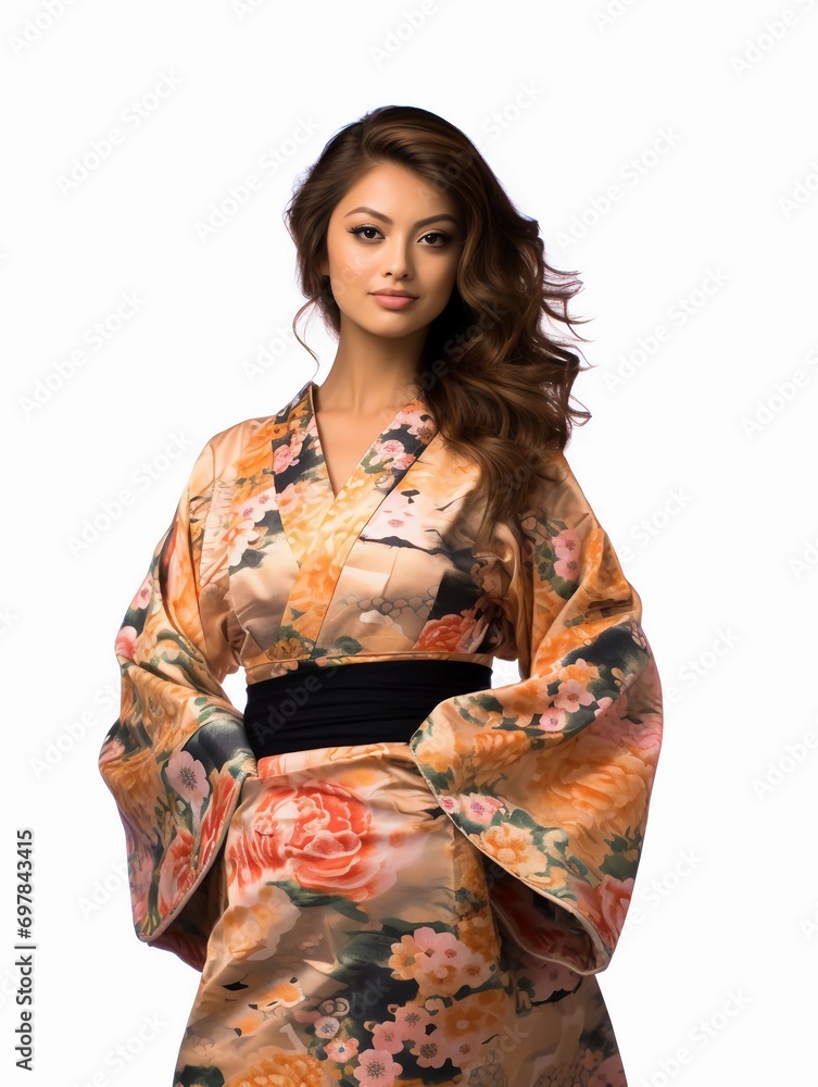 Portrait of a young Japanese female model wearing a kimono posing gracefully, isolated white background, AI generative Portrait of a young Japanese female model wearing a kimono posing gracefully, isolated white background, AI generative