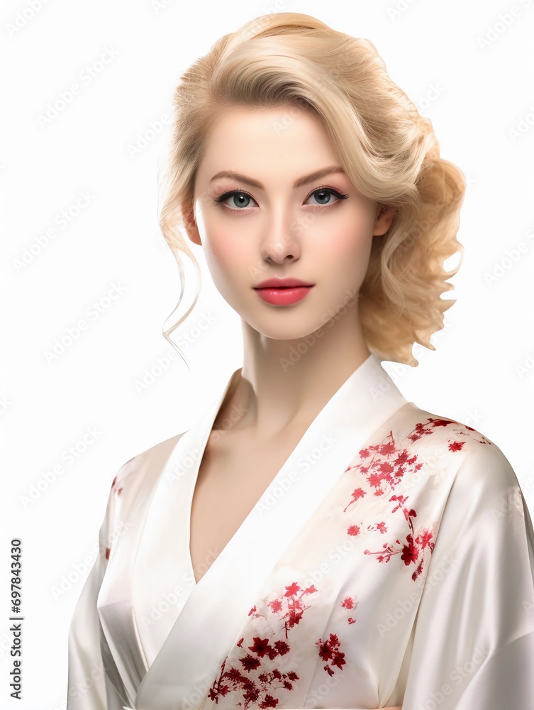portrait of young blonde japanese female model wearing kimono posing gracefully, isolated white background, generative AI portrait of young blonde japanese female model wearing kimono posing gracefully, isolated white background, generative AI