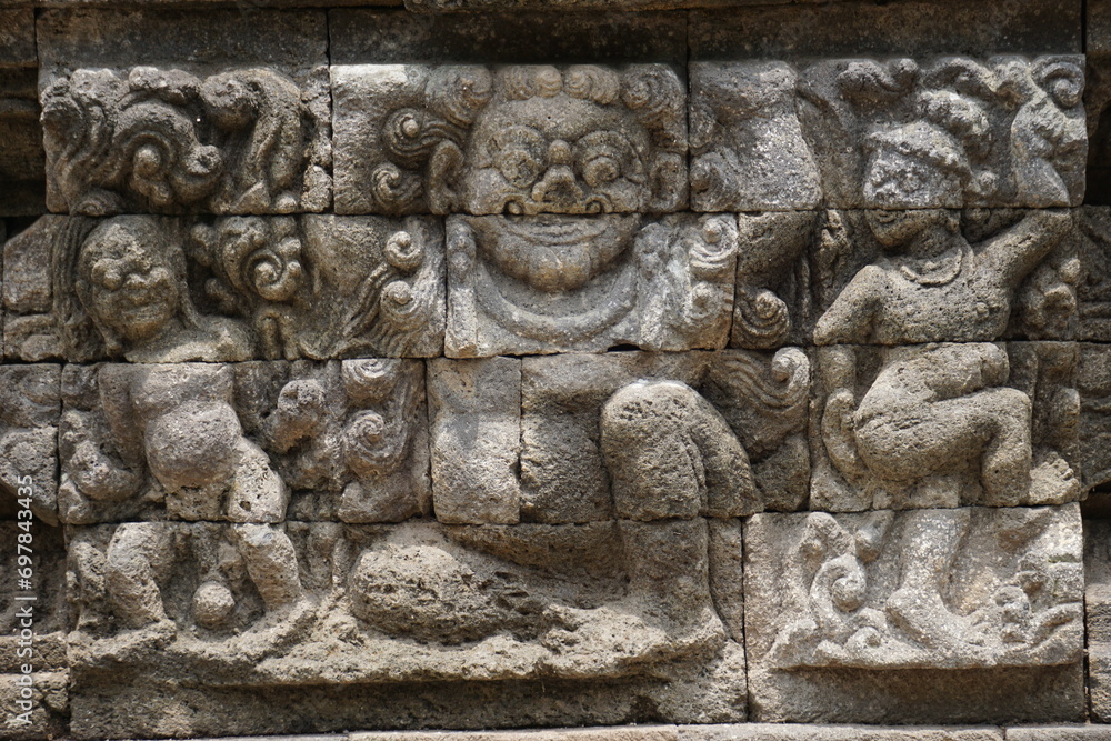 Relief on the wall of Tegowangi temple in Kediri, East Java. This temple is the place for the Bhre Matahun Pendharmaan