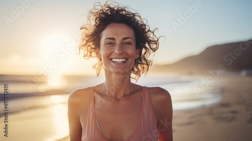 Portrait of a beautiful happy smiling middle aged woman on the beach. Golden hour sunset. AI Generated