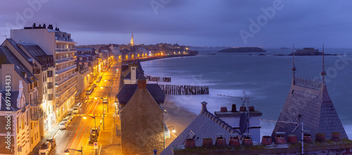 Medieval walled city and fortress Saint-Malo at sunset, Brittany, France photo