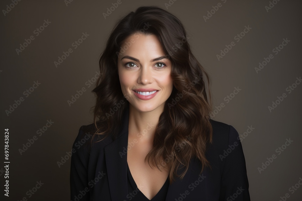 Portrait of a happy businesswoman smiling at the camera on a dark background Portrait of a happy businesswoman smiling at the camera on a dark background