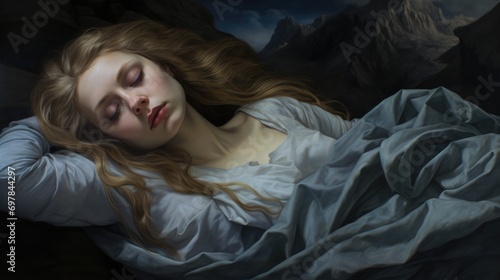 Beautiful young woman sleeping and seeing dark scary dreams. AI Generated
