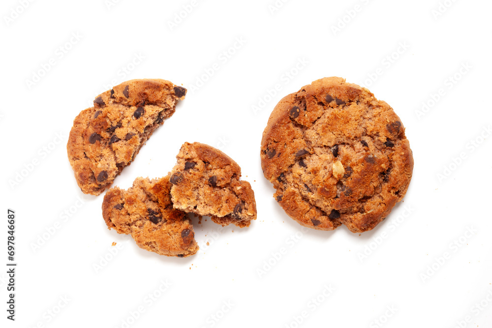 Pieces of delicious chocolate chip cookie isolated on white background Pieces of delicious chocolate chip cookie isolated on white background