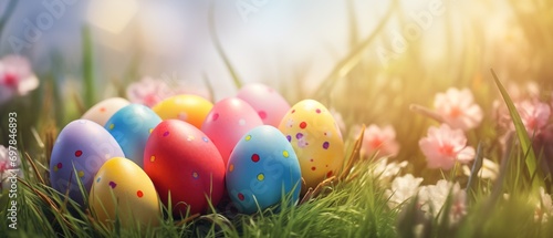 Colorful Egg Haven: Easter Eggs Abound in the Splendor of a Meadow. Generative AI