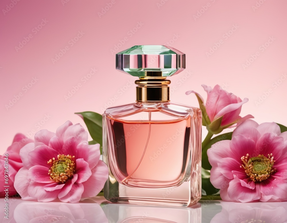 luxury glass or crystal perfume bottle with flowers background in pink green theme as wide banner with copy space area luxury glass or crystal perfume bottle with flowers background in pink green theme as wide banner with copy space area