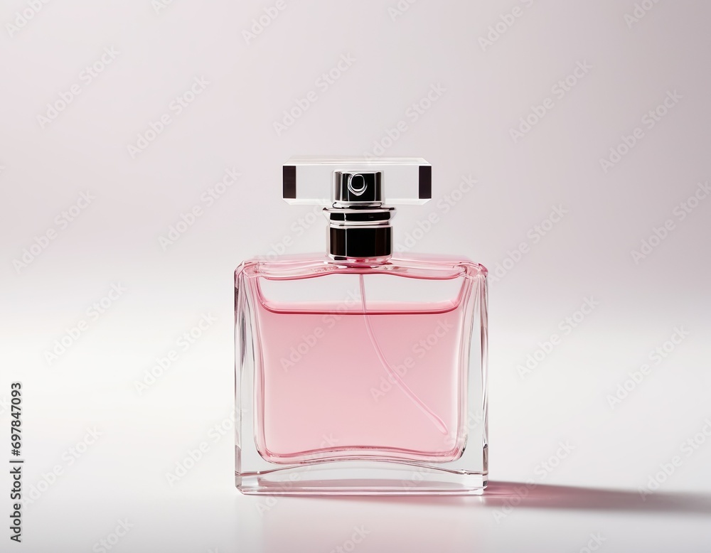 Mock up Perfume bottle with pink water on white background Mock up Perfume bottle with pink water on white background