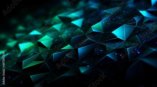 Black dark blue green teal cyan petrol jade abstract background. Geometric shape. 3d effect. Line triangle angle polygon wave. Color gradient. Light glow neon flash metal metallic. Design. Futuristic. photo