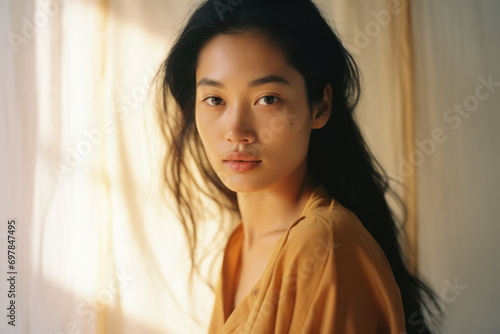 portrait headshot of a young asian/korean/japanese woman with long dark hair clean natural skin for commercial skincare beauty with natural light background portra magazine editorial film look photo