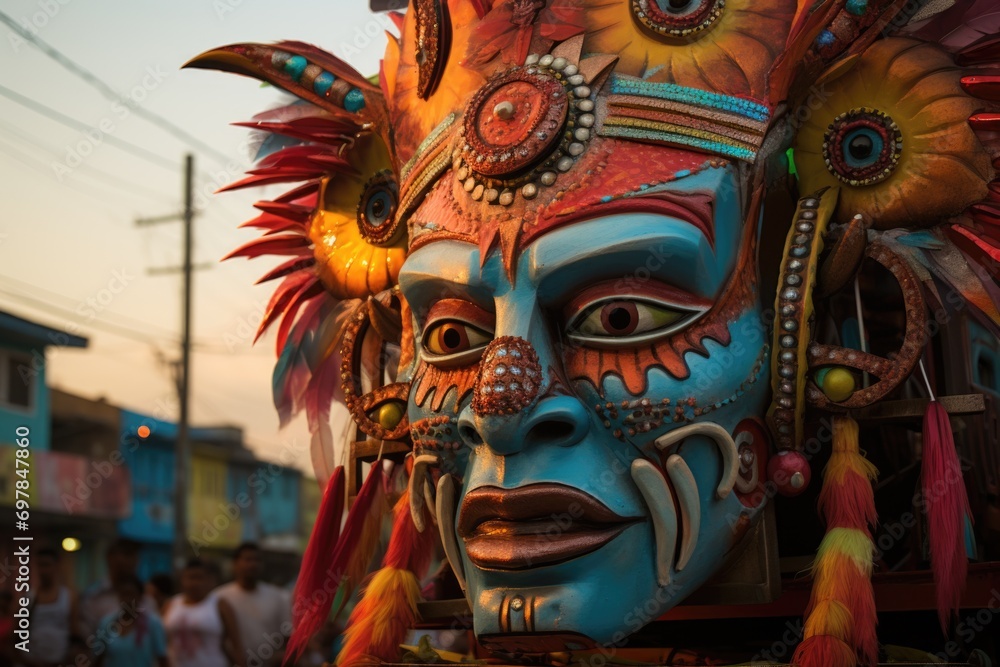 Fototapeta premium Carnival in Barranquilla, Colombia: A dazzling spectacle of vibrant costumes, rhythmic music, and lively dances, celebrating the city's rich cultural heritage and festive spirit.