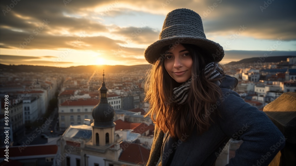 A woman in a hat poses for a photo in front of a city.