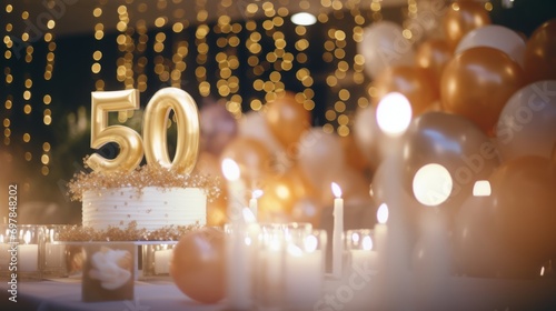 50th birthday cake with gold number and balloons. 3D Rendering